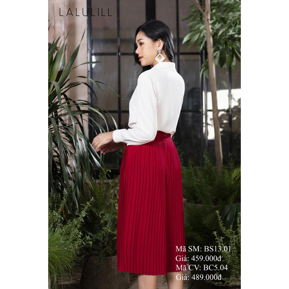 LALULILL - Chân váy 2 lớp dập ly lụa viscose màu đỏ sậm BC504