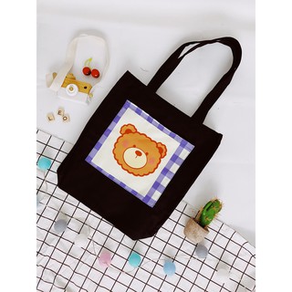 [Hình chụp thật] Túi Tote Túi Vải Leo Canvas Đen Đắp Gấu Caro Xanh