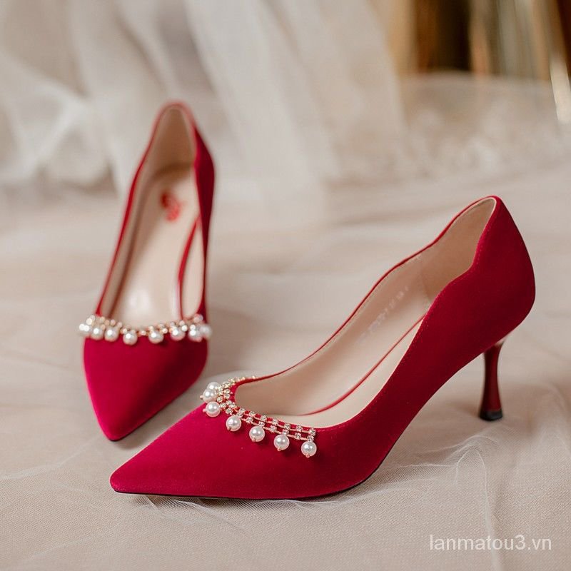 Bridal Wedding Shoes Wine Red Color Suede High Heels Women's Wedding Shoes2021New Chinese-Style Xiuhe Toast Dress Shoes