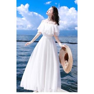 Đầm trắng trễ vai dáng maxi