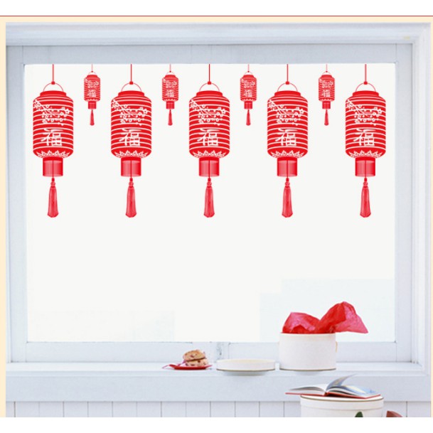 Decal Trang Trí Tết Hai Mặt Hít Tĩnh Điện Không Dơ Kính-Lồng Đèn thân dài đỏ