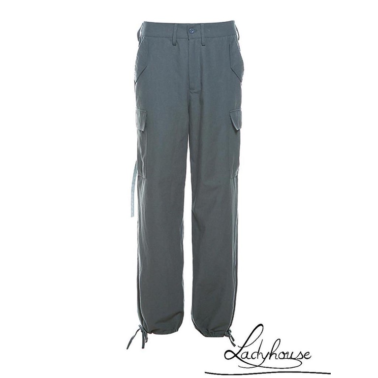 Quần Baggy Lưng Thấp Màu Trơn Phong Cách Đường Phố Vintage Có Túi Màu Đen / Xanh Lá / Hồng Dành Cho Nữ