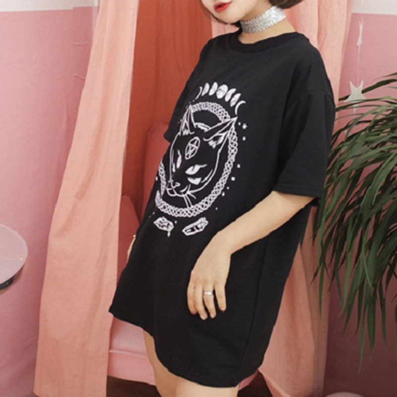 Áo Thun Tay Ngắn Dáng Rộng In Hình Mèo Kiểu Harajuku Thời Trang Mùa Hè Cho Nữ