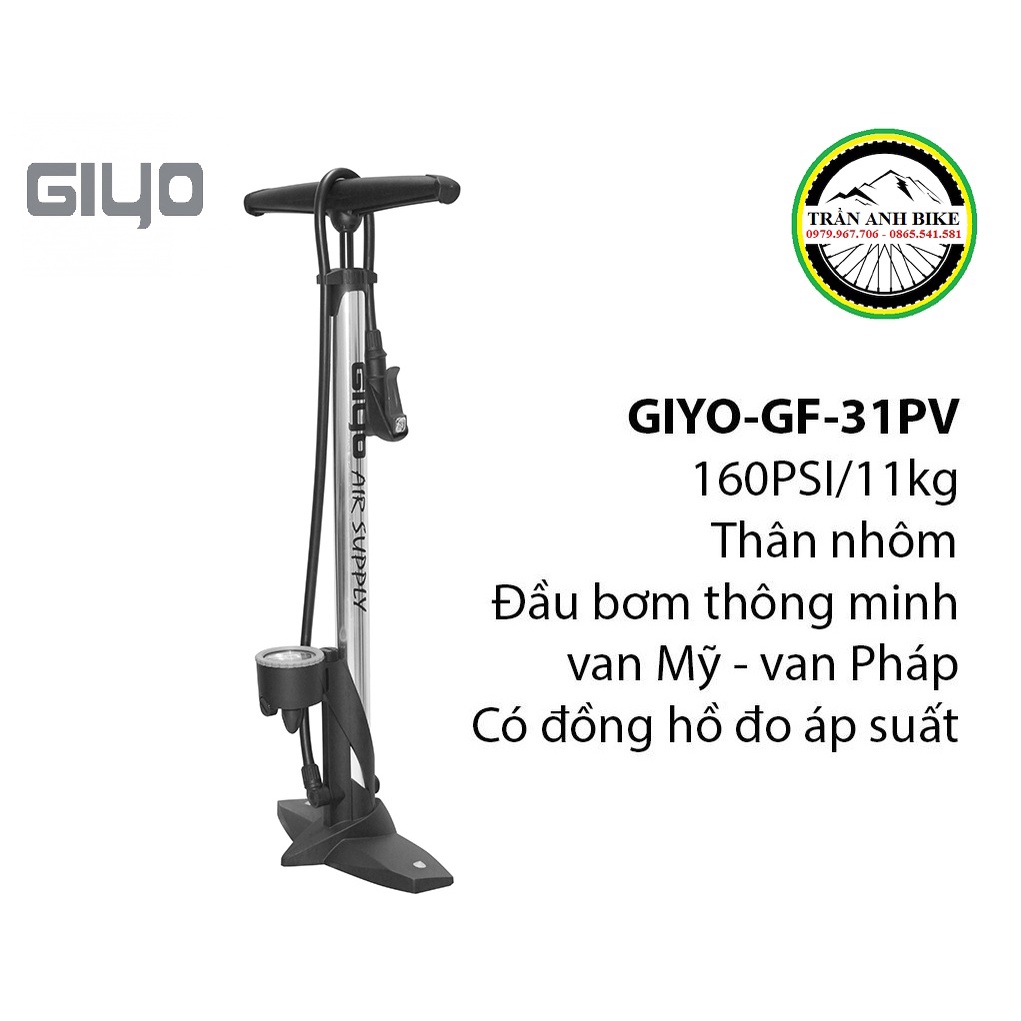 Bơm xe đạp xe máy 160PSI/11KG GIYO GF-31PV thân nhôm xi hàng GIYO Đài Loan