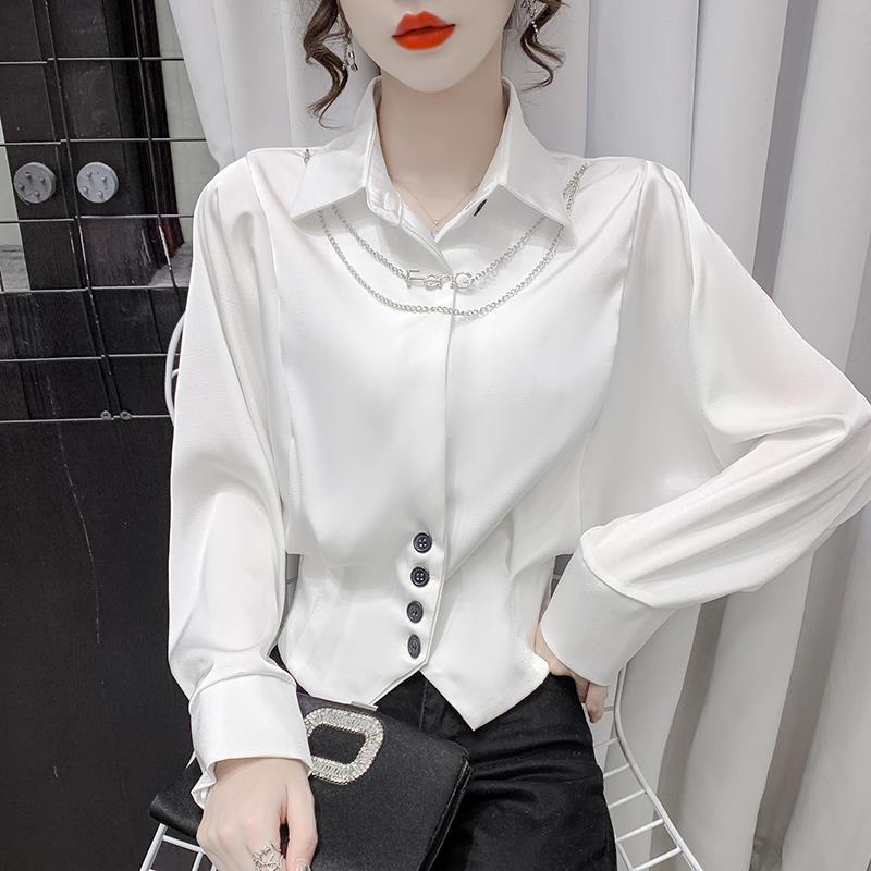 Áo Kiểu Tay Dài Phối Dây Xích Dáng Ôm Ngắn Phong Cách Hàn Quốc Thời Trang Cho Nữ
