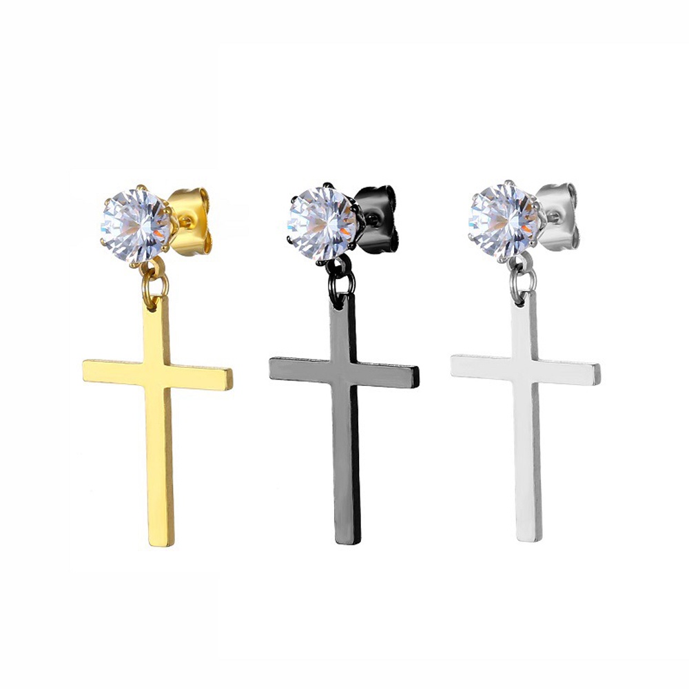 Bông tai hình chữ thập đính đá zircon phong cách Hàn Quốc thời trang cho nam và nữ
