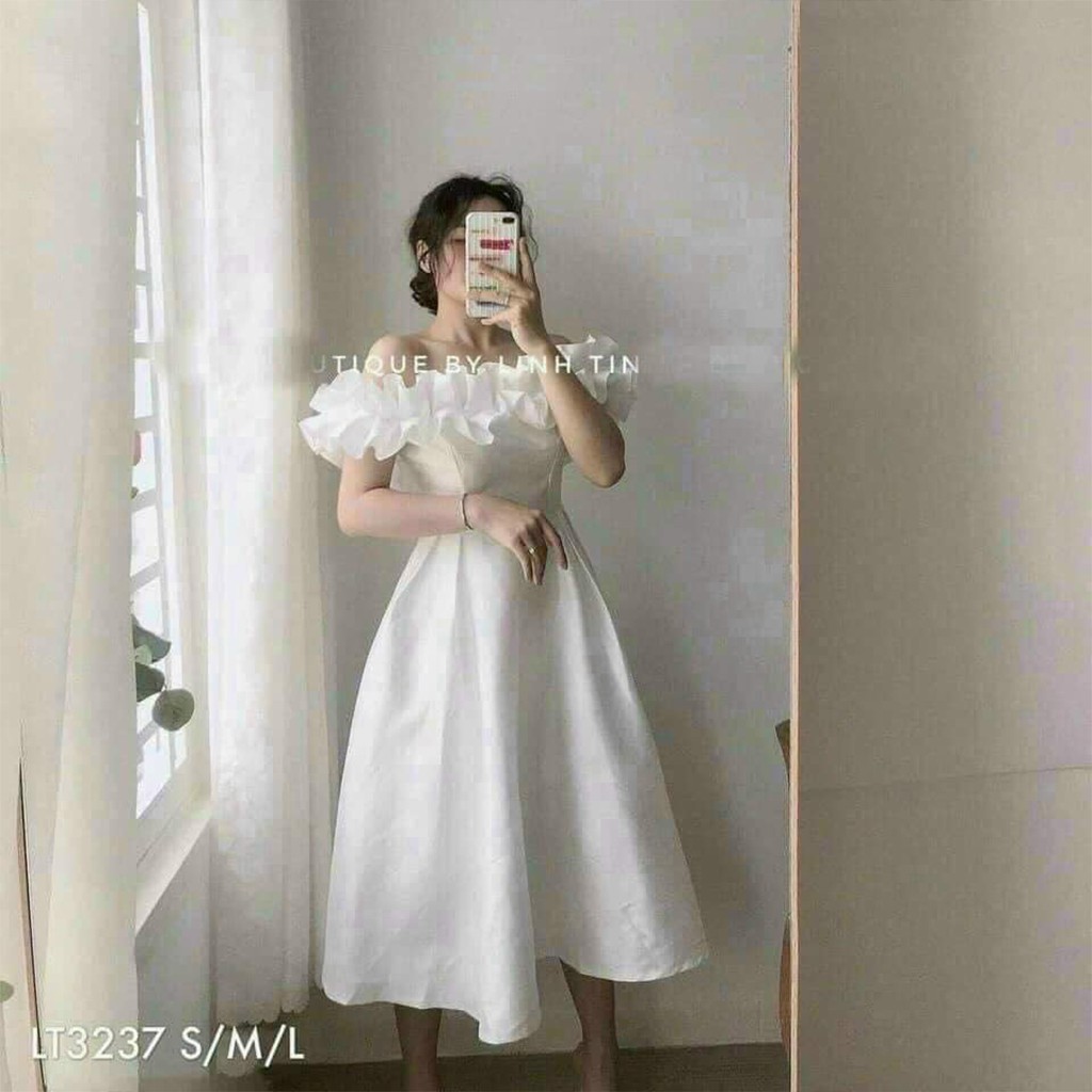 Đầm bèo vai màu trắng CKV9019, kiểu váy dự tiệc dự tiệc đẹp sang trọng freesize <55kg
