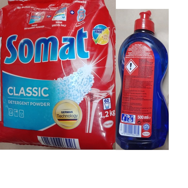 Bộ bột rửa bát Somat 1,2kg+ muối rửa bát Somat 1,2kg +nước làm bóng somat 50ml