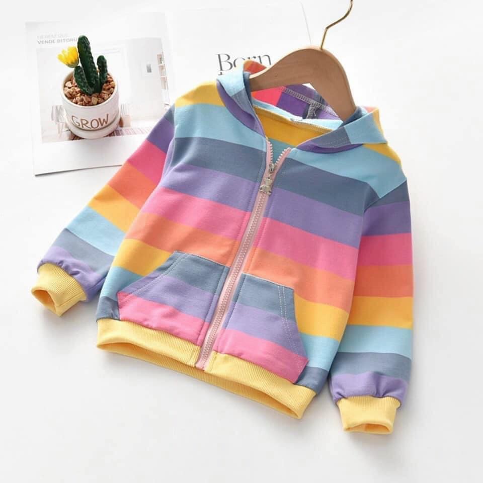 Áo khoác bé gái sắc màu cầu vòng thun cotton mịn mát âm áp 2 màu như hình