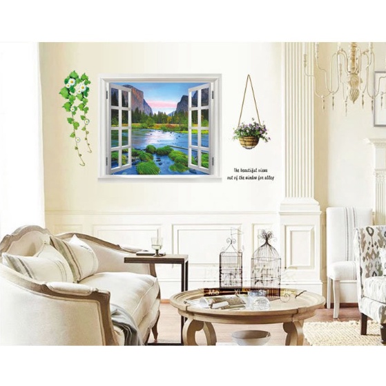 Decal trang trí tường - Cửa sổ cảnh núi , rừng cây thông , và sông