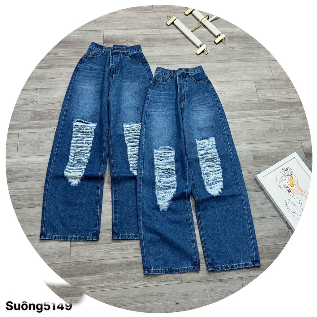 [VIDEO+FREESHIP ] QUẦN JEAN ỐNG RỘNG NỮ LƯNG CAO RÁCH MẢNG CHỮ NHẬT 2 ĐÙI TE TUA XANH NHẠT XANH ĐẬM CÁ TÍNH HADI