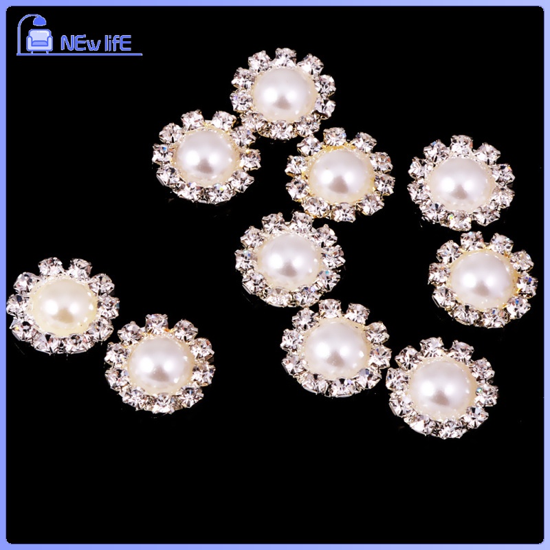 Set 10 Nút Áo Hình Hoa Đính Đá / Ngọc Trai Giả 13mm