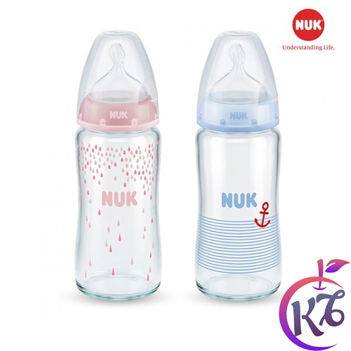 Bình sữa thủy tinh cổ rộng NUK Premium Choice 240ml ty Silicone 1M - NU66128 (2 màu) - bình sữa cổ rộng cho bé
