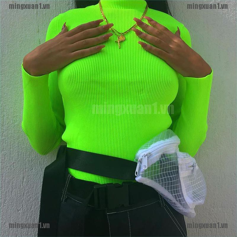 MINON Autumn Winter Neon Color Ribbed TShirt Women Turtleneck Fashion Knitted Tops Tee VN