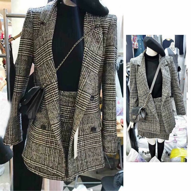 Set vest + chân váy dạ kẻ