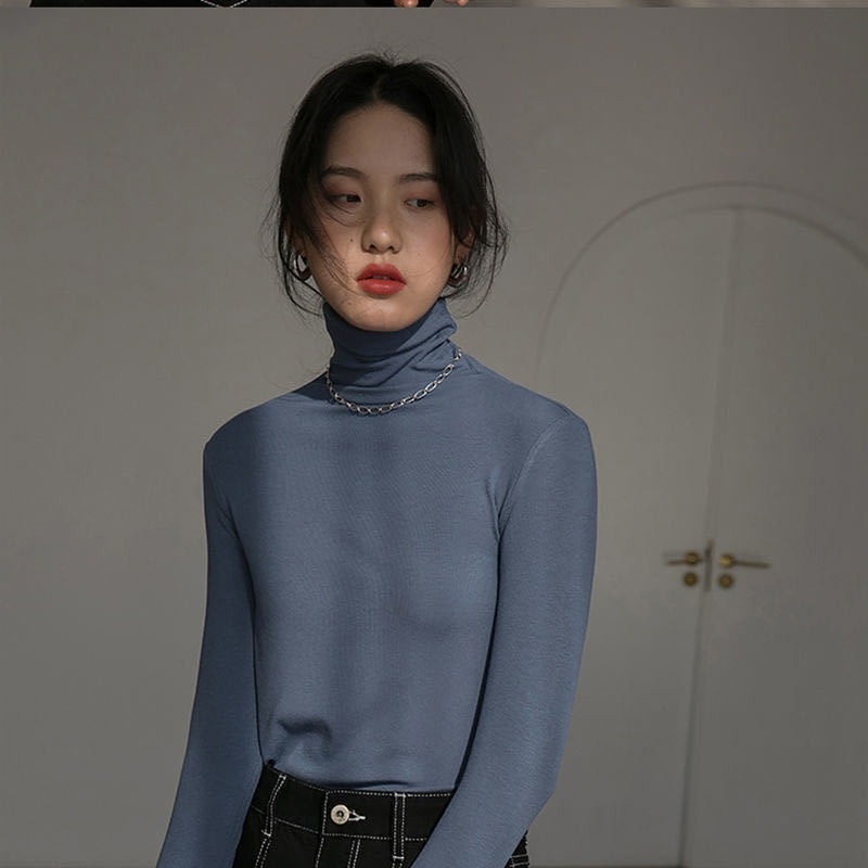 Áo Thun Tay Dài Dáng Ôm Cổ Lọ Màu Trơn Dễ Phối Đồ Thời Trang Cho Nữ