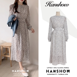Đầm Midi Nữ Eo Cao In Hoa Chất Liệu Vải Chiffon Thời Trang Mùa Thu 2020