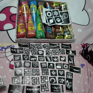 Combo 1 tuyp Mực vẽ Henna và 12 khuôn in mẫu vẽ Henna
