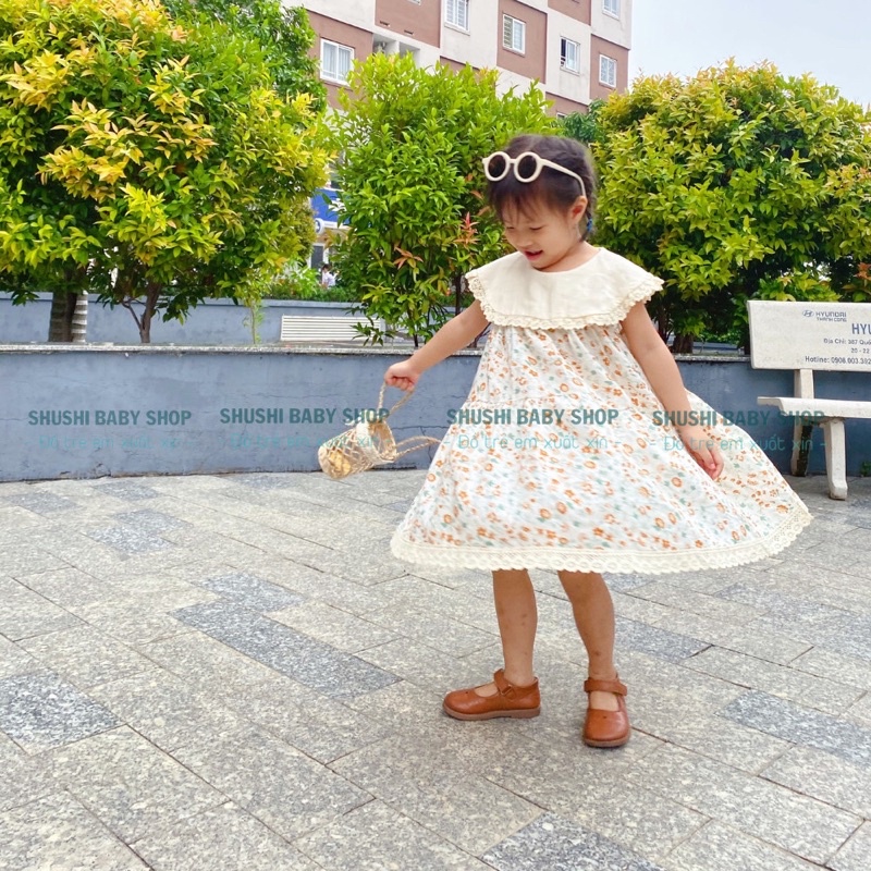 Váy bé gái cổ yếm babydoll viền bèo họa tiết hoa nhí vintage SHUSHI
