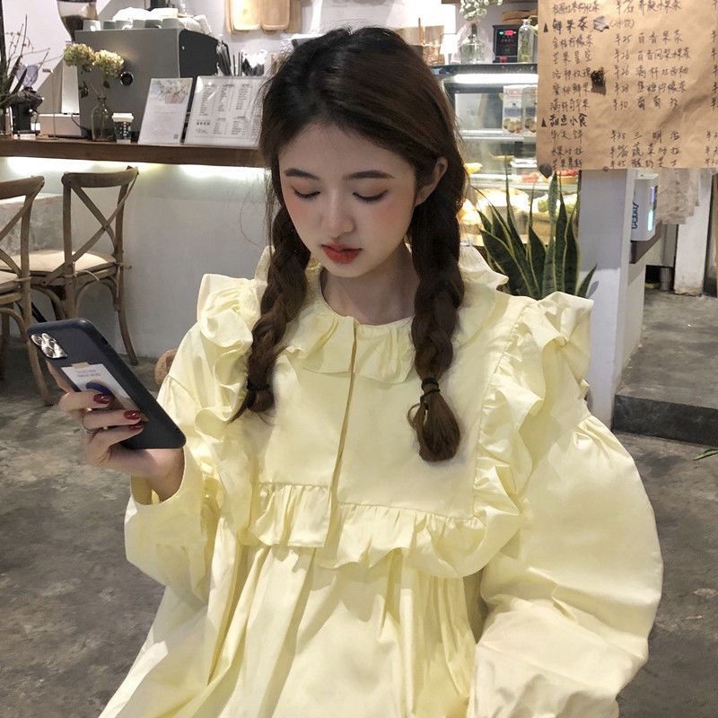 Áo sơ mi IELGY tay dài dáng rộng phối bèo kiểu Pháp retro dễ thương cho nữ