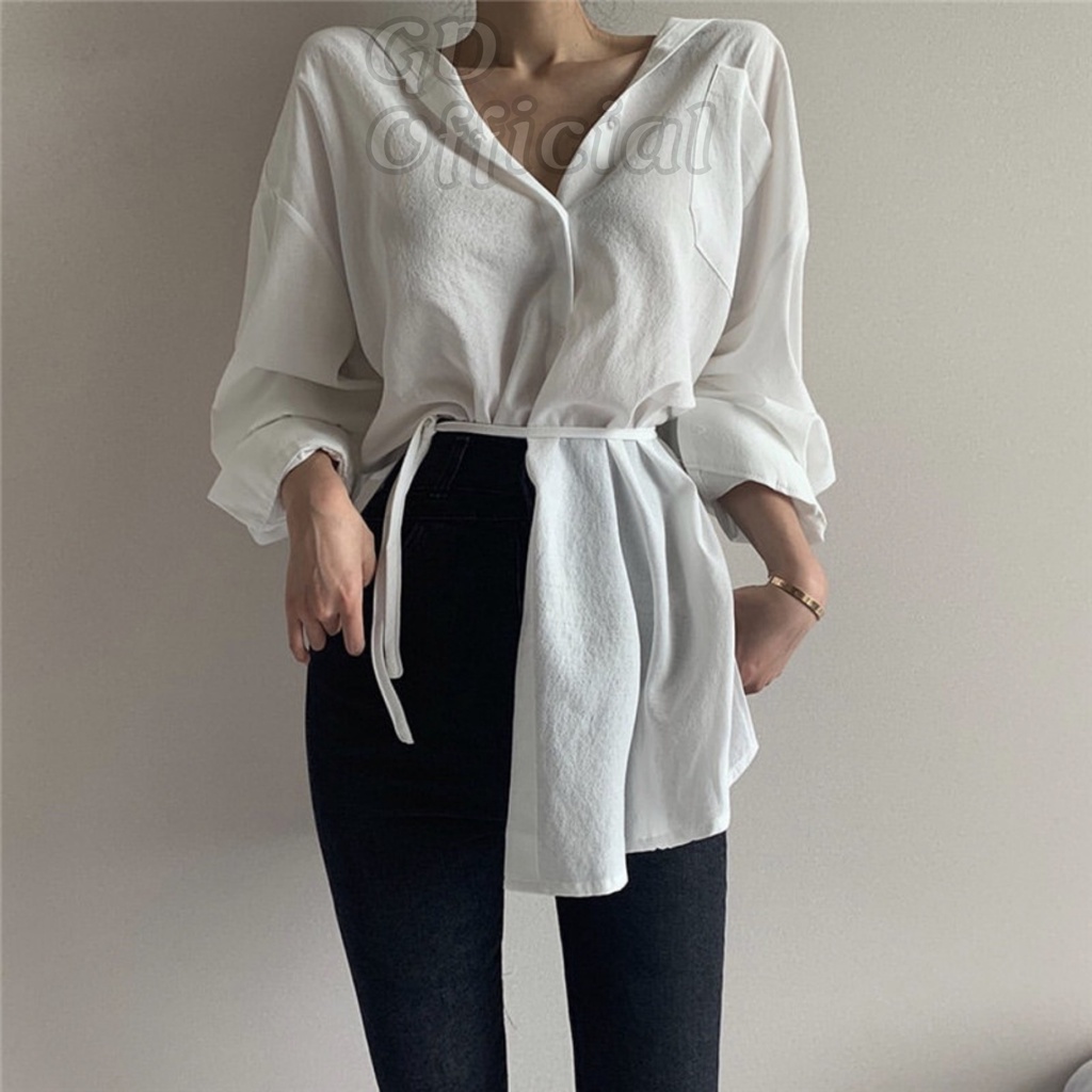 A50|Áo sơ mi polo công sở ngắn rộng thụng cá tính đơn giản túi dài tay thắt lưng eo xẻ tà không đều trắng GD Official