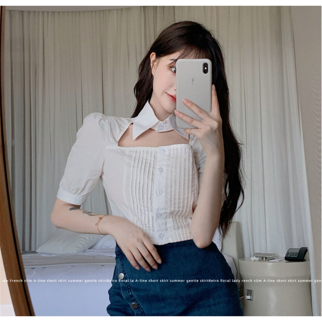 Áo croptop choker sơ mi (hàng có sẳn- ảnh thật)