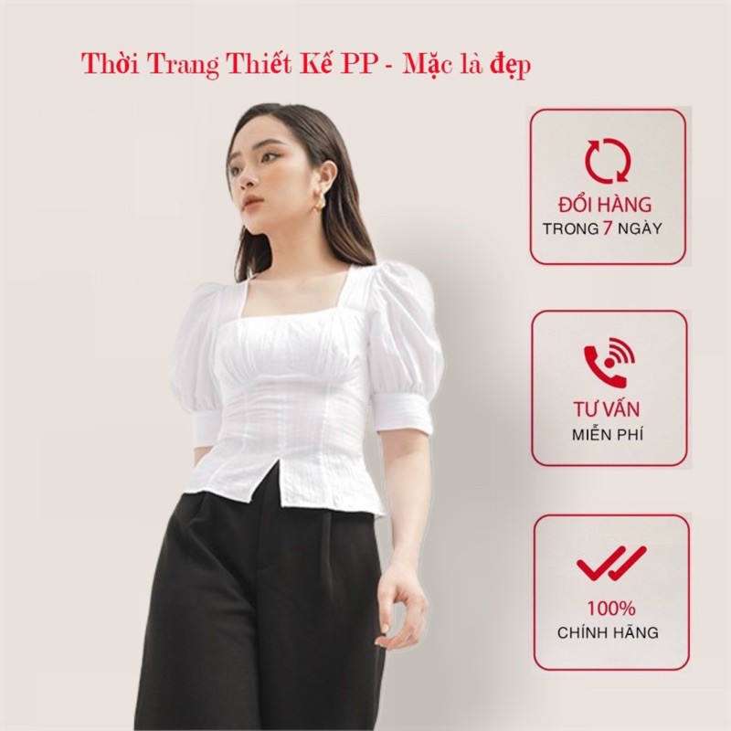 [Thiết Kế] Áo sơ mi thiết kế cổ vuông tay bồng thiết kế Chính hãng Thời Trang PP - Trắng | BigBuy360 - bigbuy360.vn