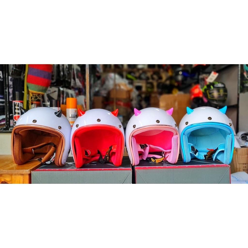 Combo Nón 3/4 NTMAX trắng lót nâu gắn sừng nhỏ siêu cute