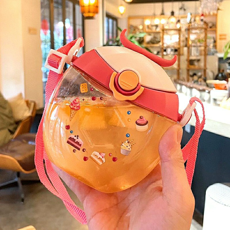 Bình Nước Cho Bé , Bình Nước Cute Có Ống Hút Dung Tích 400ml Bình Nước Có Dây Đeo Cho Bé BN25