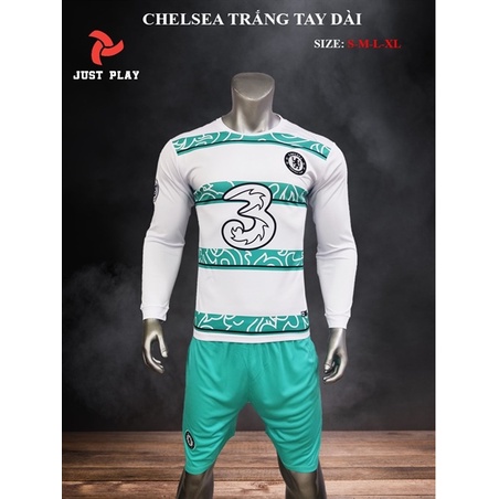 Bộ quần áo đá banh CLB Chelsea TAY DÀI Trắng xanh sọc ngang 2023 JP