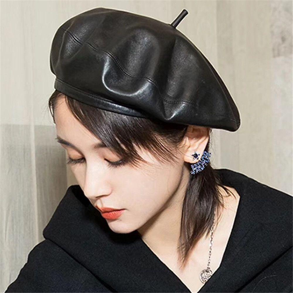 Mũ Beret Chất Liệu Da Màu Đen Phong Cách Pháp Cho Nữ