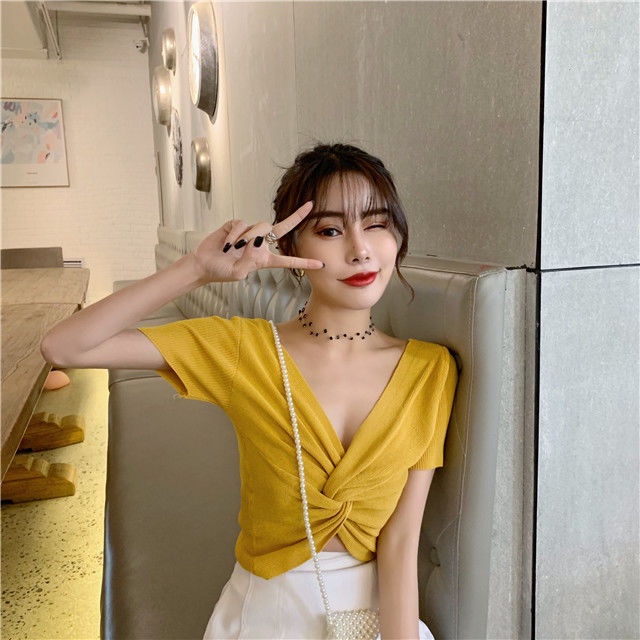 Áo Thun Dệt Kim Tay Ngắn Thiết Kế Đan Chéo Quyến Rũ Thời Trang Mùa Hè Cho Nữ