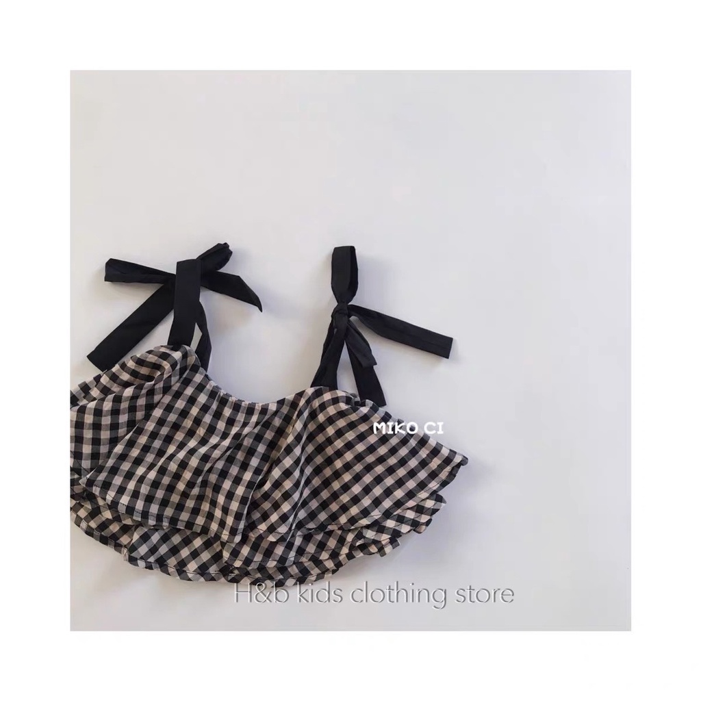 Bộ bé gái 2 dây caro  bánh bèo mùa hè cho bé từ 0-6 tuổi
