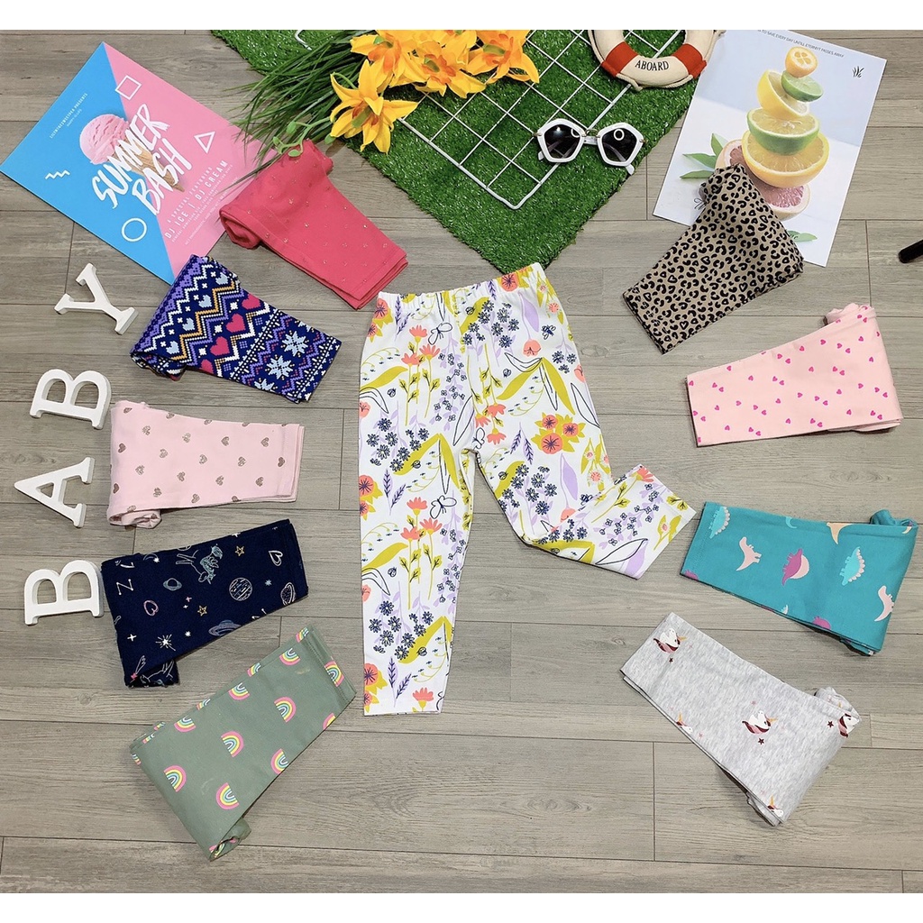 Quần legging dài bé gái sợi 100% cotton xuất mềm co giãn họa tiết xinh xắn cho bé 10-41kg