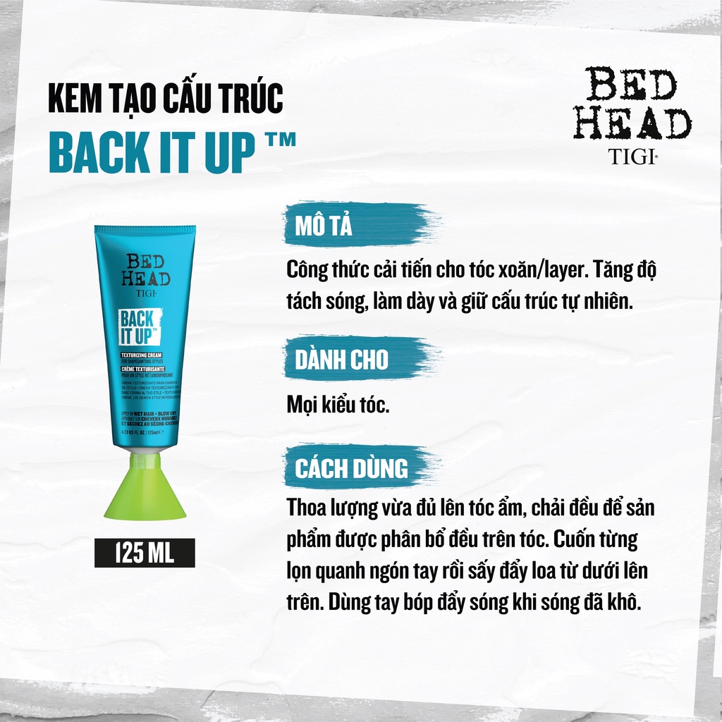 TIGI Bed Head Kem Tạo Cấu Trúc Tigi Back It Up Texturizing Cream 125ml | Giữ Nếp Sóng Xoăn, Tăng Độ Phồng