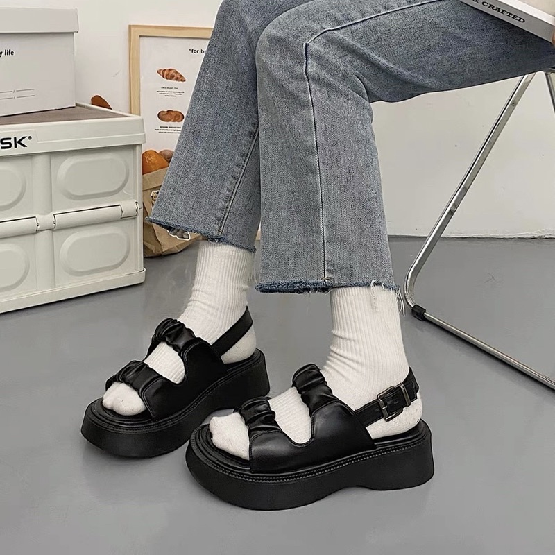 G505 | Dép Sandal Cài Khuy Bèo Nhún Đế Bánh Mì Đặc Giày Sandal Đi Học Ulzzang