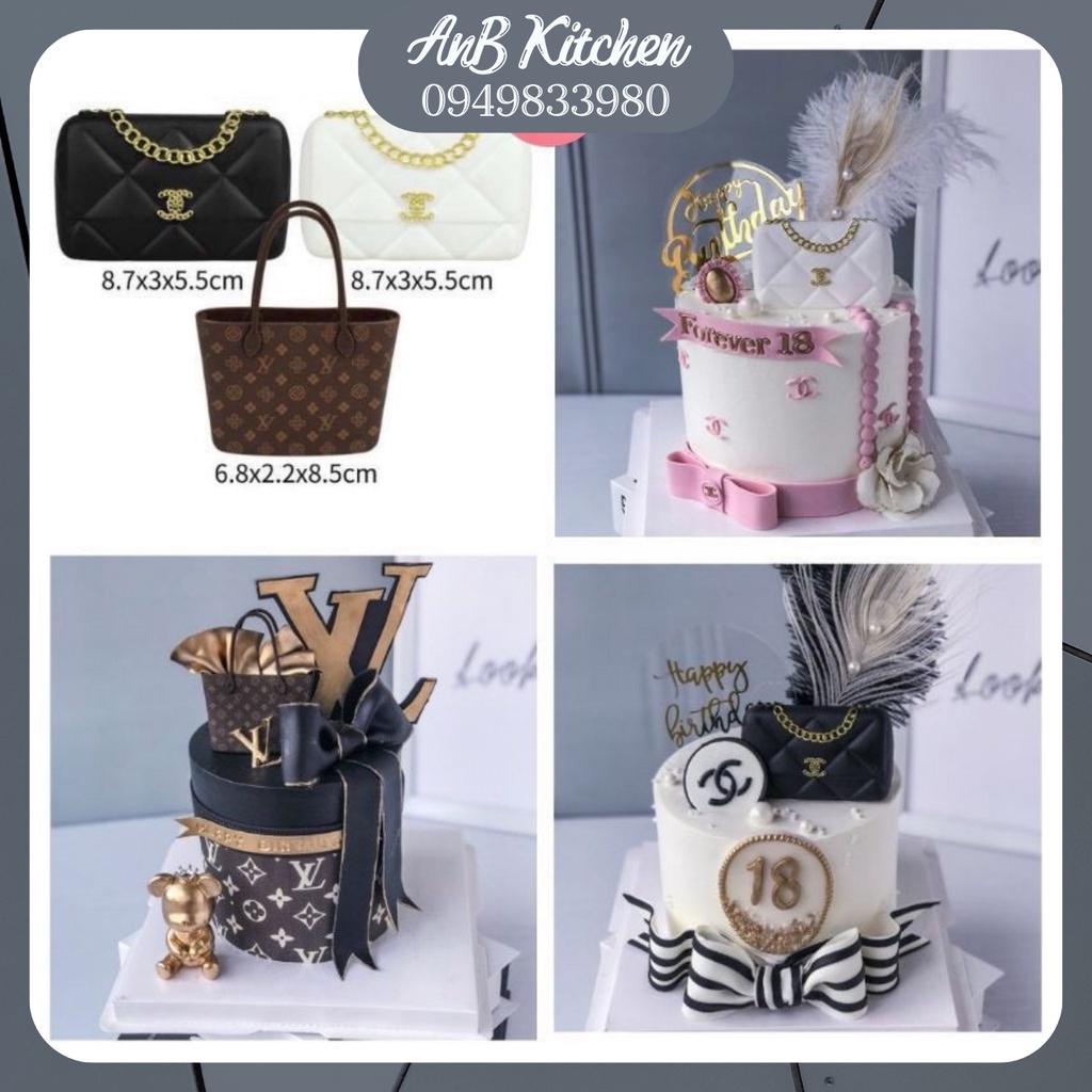 Set que cắm trang trí bánh kem, bánh sinh nhật mô hình túi xách LV Chanel