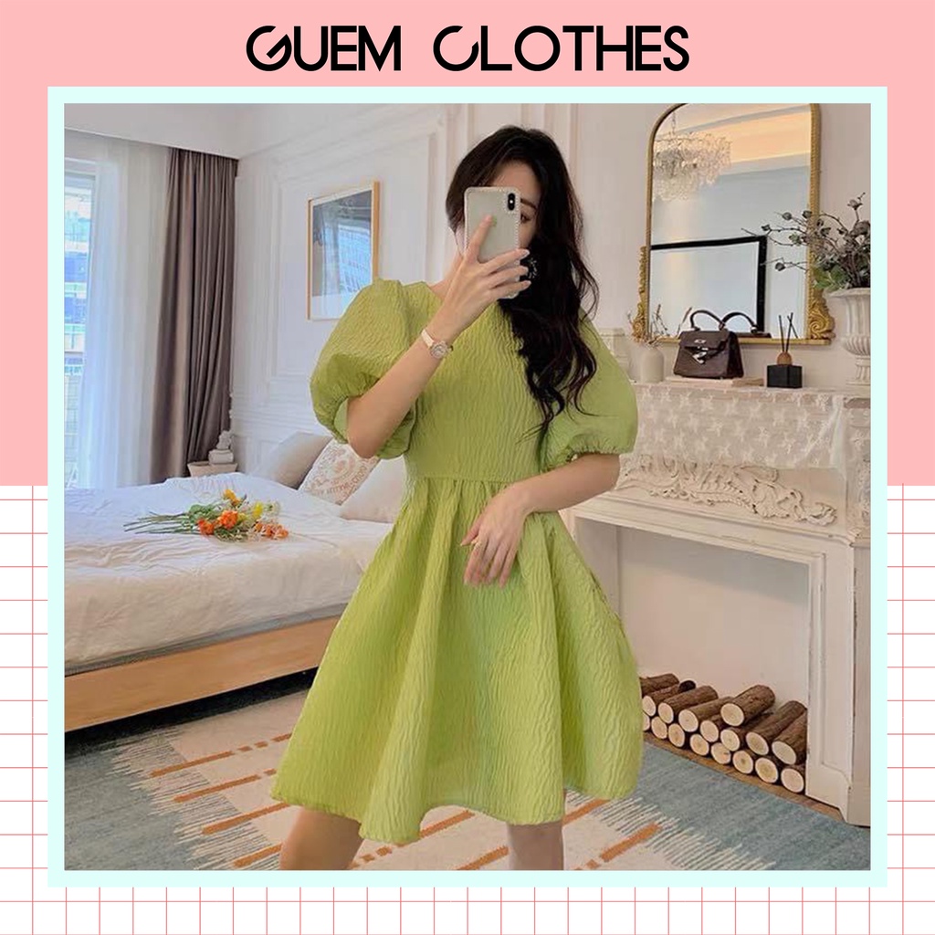Váy gấm xanh cốm hai lớp cổ tròn tay bồng thời trang nữ - GUEM Clothes