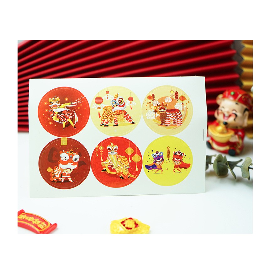 Set 6 nhãn dán chú lân, chú hổ chúc Tết size 3.8 cm