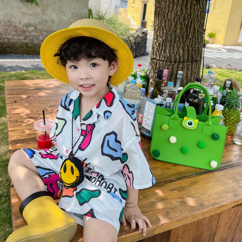 Set Áo Thun Ngắn Tay Và Quần short Họa Tiết graffiti Phong Cách Hàn Quốc Cho Bé