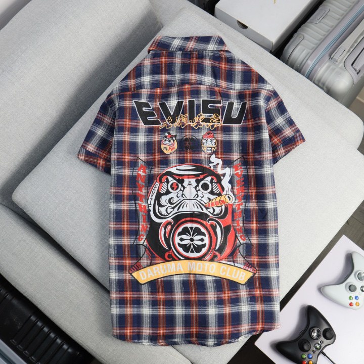 Áo Sơ Mi EVISU SUPPER Kiểu Tay Ngắn Vải Nỉ Caro Cao Cấp Phối Màu Siêu Chất Phong Cách Cá Tính Hot Trend Mới