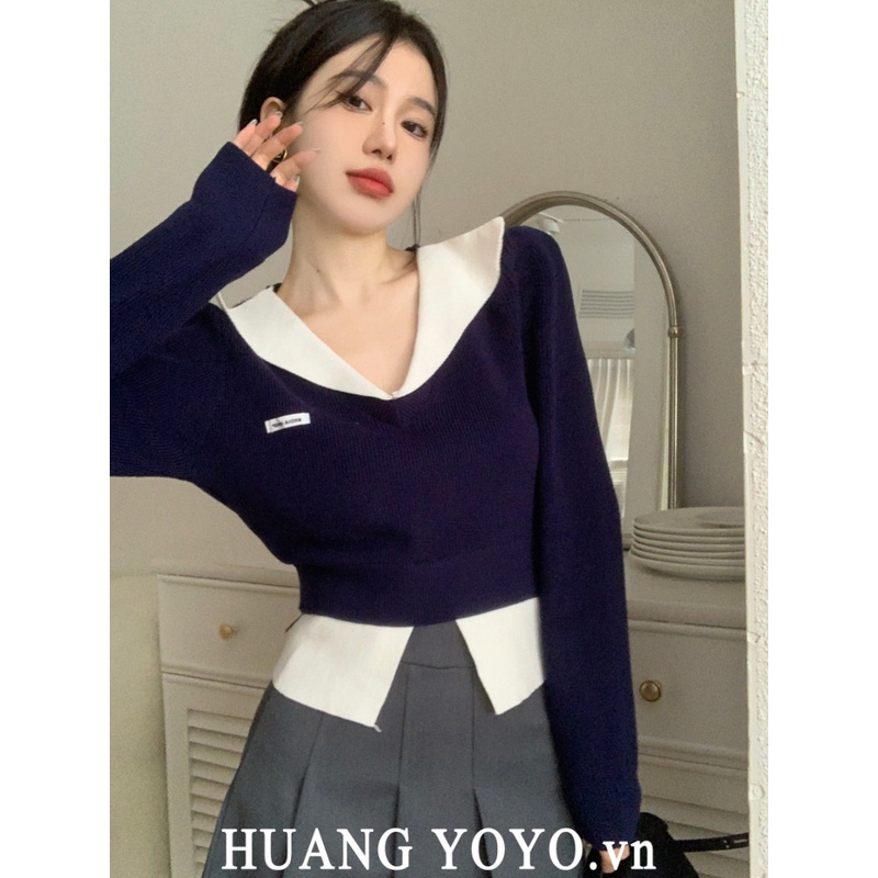HUANG YOYO  Áo sweater Dệt Kim Mỏng Dáng Rộng Tay Dài Cổ Gấp Phong Cách Hàn Quốc Thời Trang Mùa Thu Cho Nữ