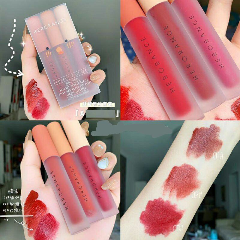 Set 3 Cây Son kem Lì Herorange Fluffy Lip Glaze chất son siêu mịn