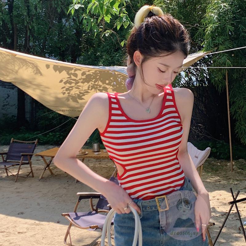 Áo Croptop Sát Nách Cổ Tròn Họa Tiết Kẻ Sọc Thời Trang Mùa Hè Cho Nữ
