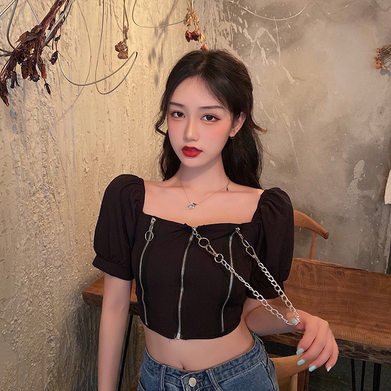 Áo croptop tay ngắn cổ vuông 3 dây kéo có xích ôm body cực chất cá tính ulzzang ( 2 màu )