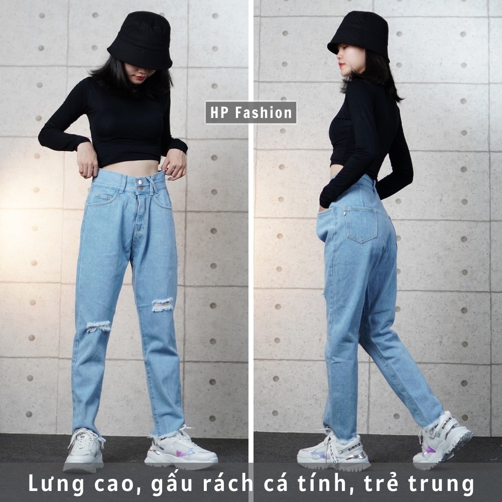 Quần baggy nữ ❤️ Quần jean cạp lưng cao 2 nút, gấu tua rua chất bò dày dặn trẻ trung - QJ06