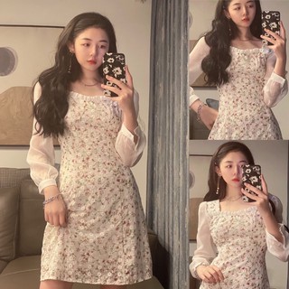 [Sẵn m] Váy hoa nhí cổ vuông tay voan bồng. Đầm hoa nhí ôm body