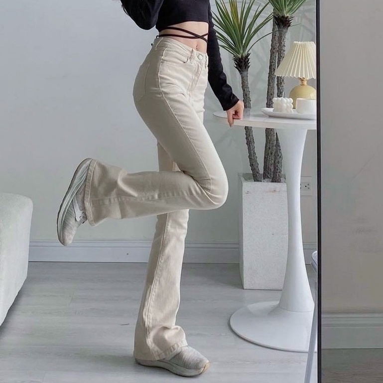 Quần Jean Ống Loe Màu Sữa Cạp Cao Dài 100-103cm (GAP100), Quần Bò Ống Loe Màu Sữa