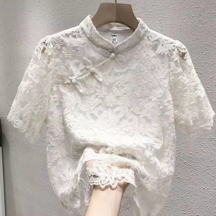 Áo Sơ Mi Chiffon Tay Ngắn Phối Ren Mỏng Phong Cách Dân Tộc Trung Hoa Thời Trang Mùa Hè 2022 Hàng Mới