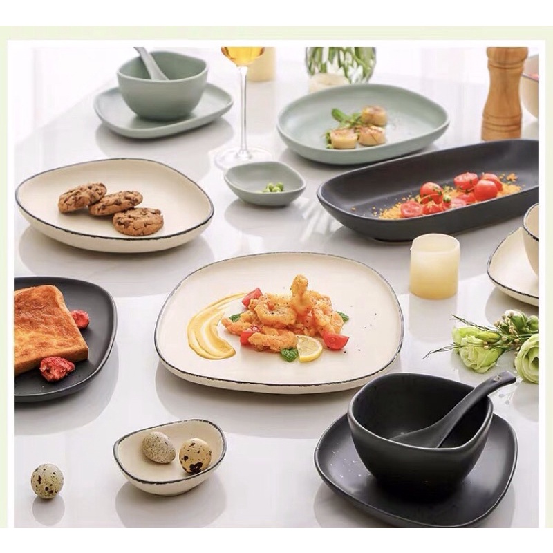 Bộ bát đĩa méo mix màu Starstone phong cách Bắc Âu - Bộ bát đĩa đầy đủ hộp tặng quà, tân gia